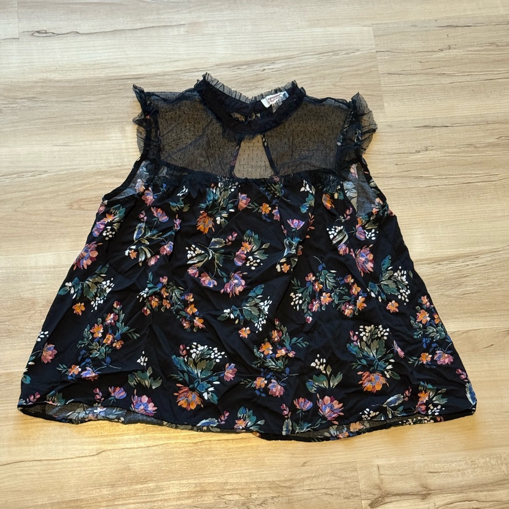 Arizona Jeans Floral Lace Yoke Blouse XL | Sheer Mesh Neck Boho Top
